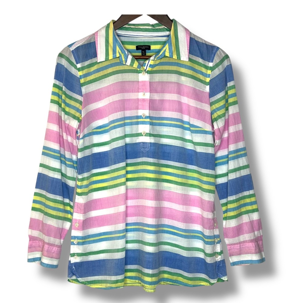Talbots Petites MP Pastel Stripe Popover‎ Blouse 100% Cotton Lightweight Preppy